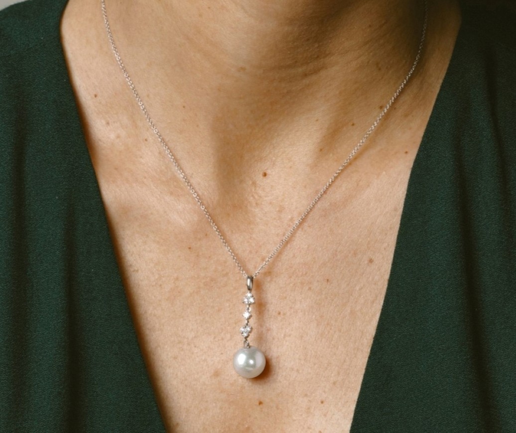 White South Sea Pearl & Lab Grown Diamond Georgia Pendant - Model Image