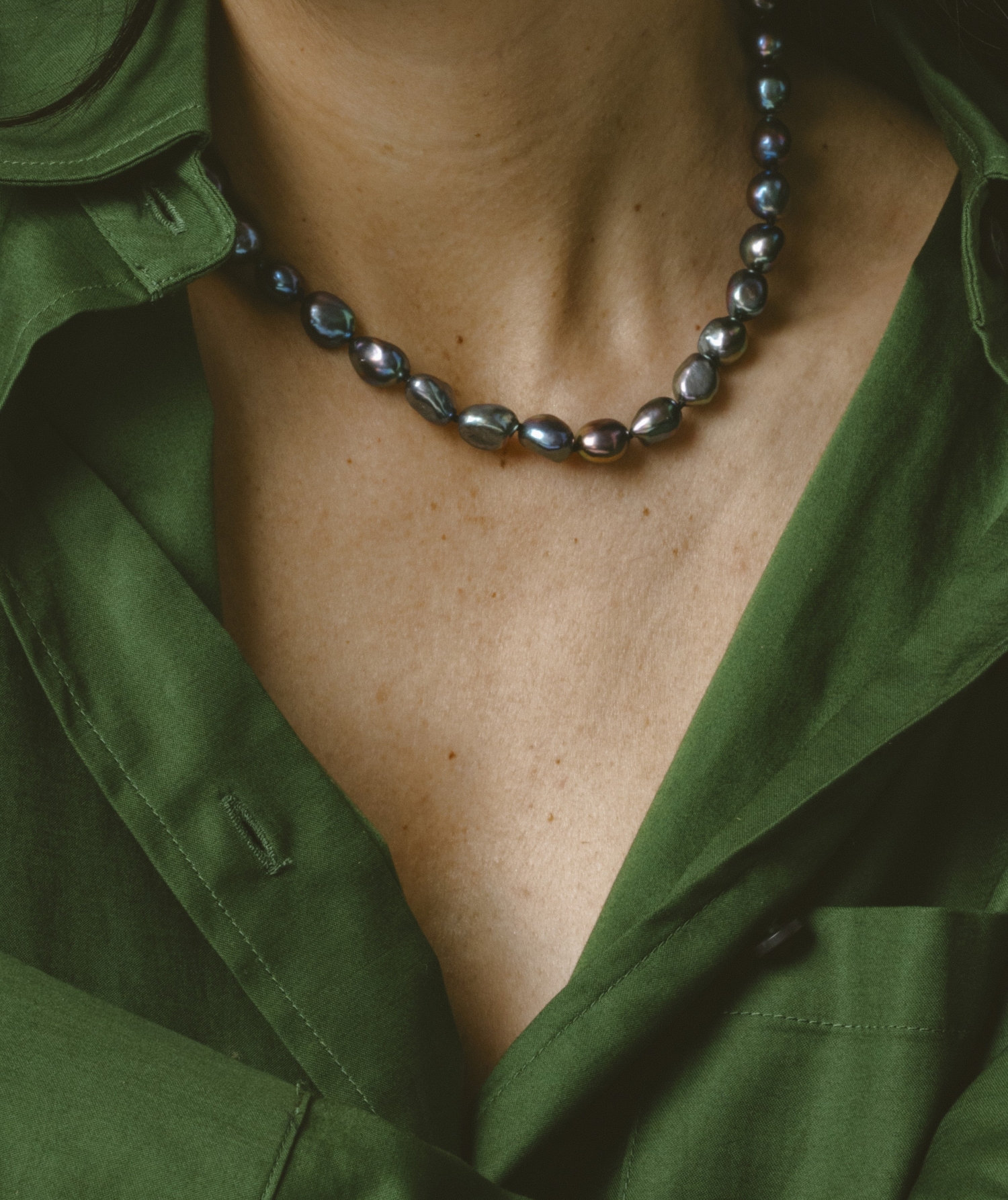 9-10mm Black Freshwater Baroque Pearl Necklace - Model Image