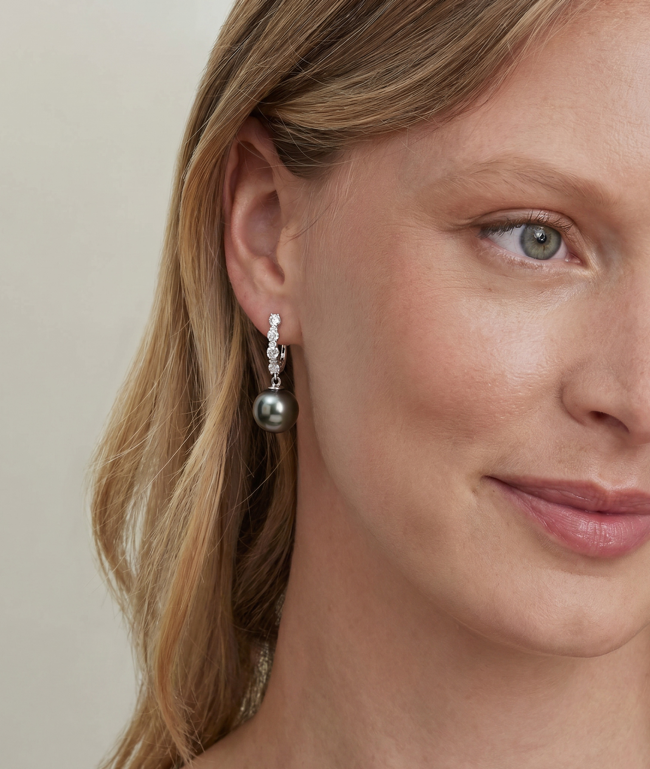 Tahitian South Sea Pearl & Diamond Belle Earrings - Model Image