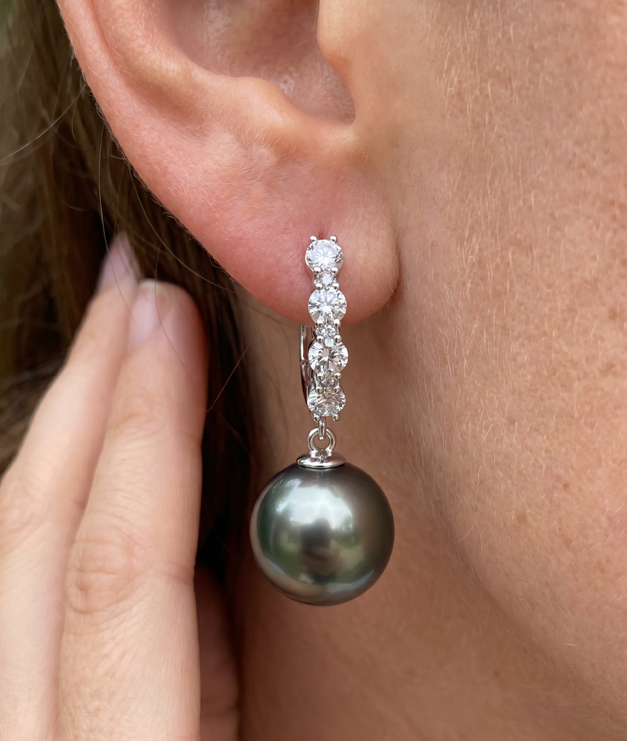 Tahitian South Sea Pearl & Diamond Belle Earrings - Secondary Image