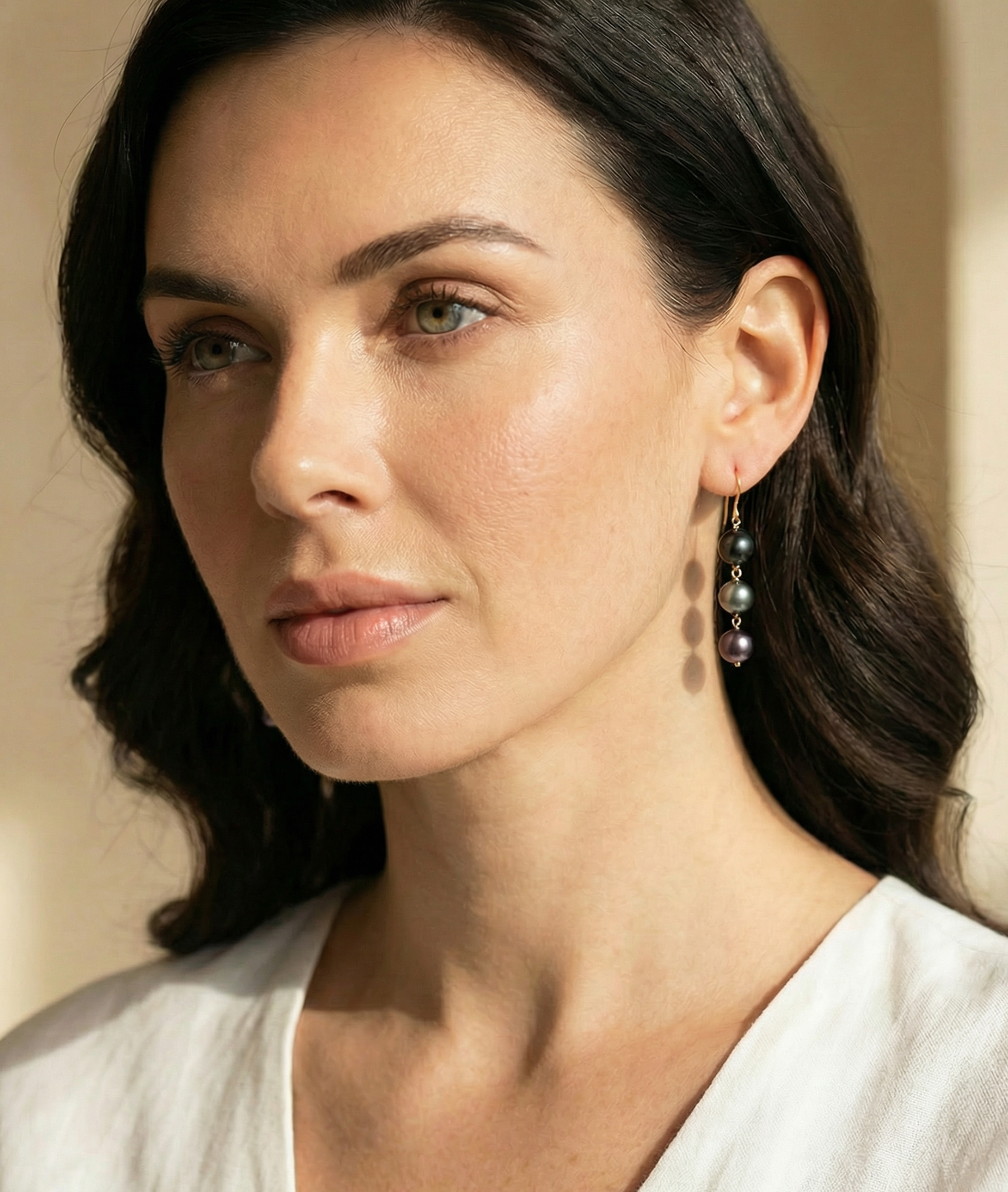 7-8mm 14K Gold Tahitian South Sea Drop Multicolor Pearl Tincup Earrings - Model Image