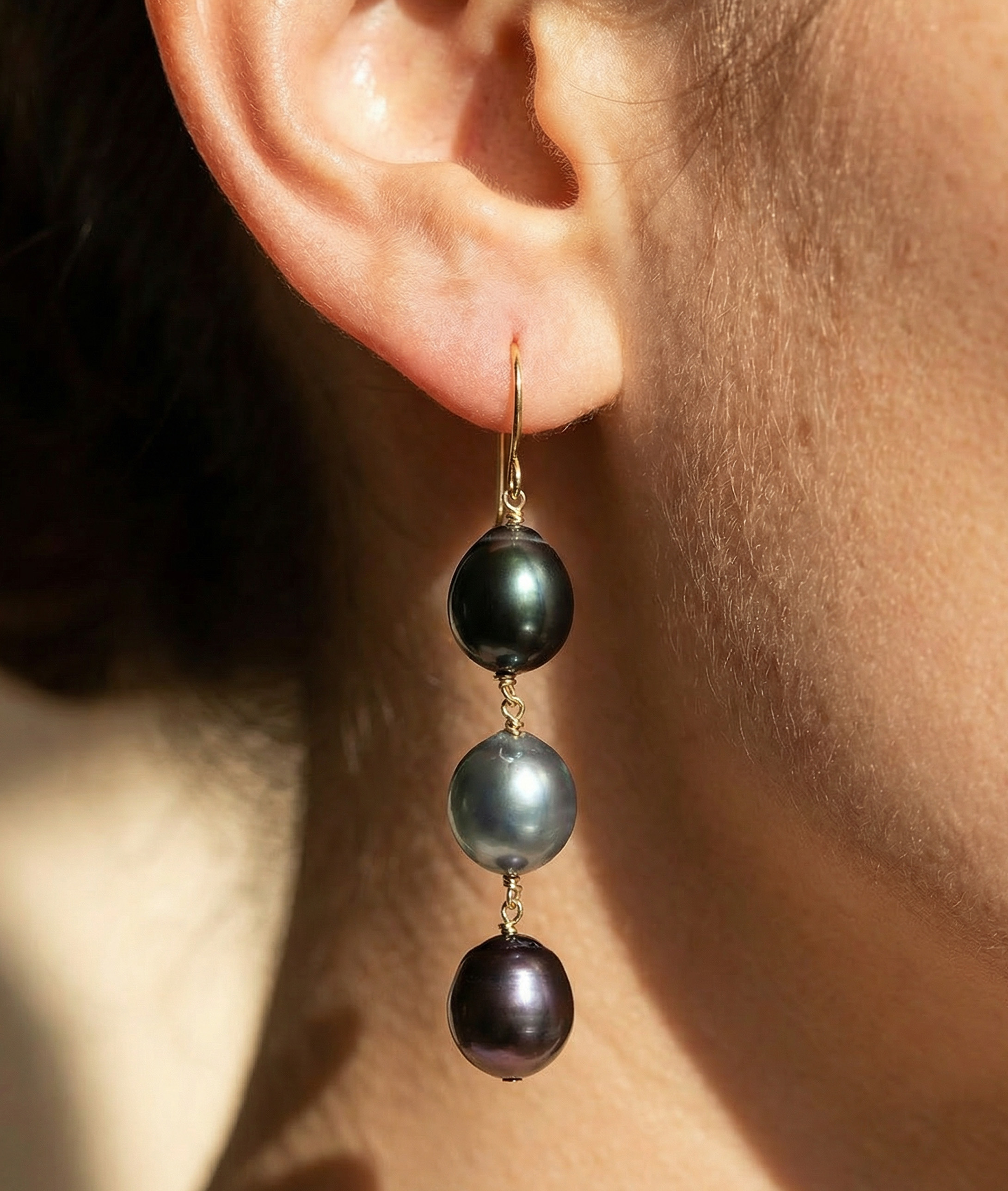 7-8mm 14K Gold Tahitian South Sea Drop Multicolor Pearl Tincup Earrings - Secondary Image