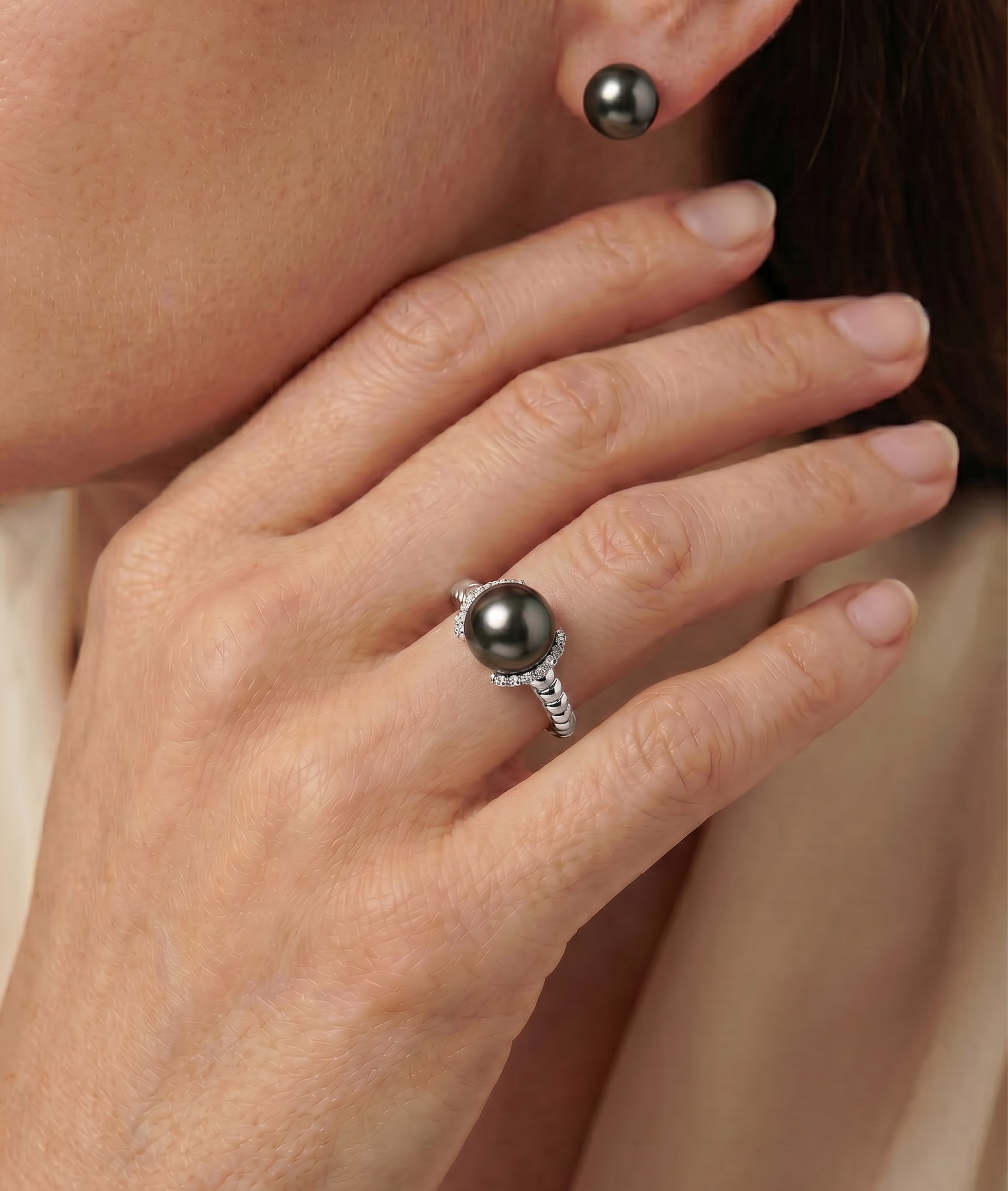 Tahitian South Sea Pearl & Diamond Jackie Ring - Model Image