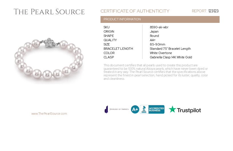 8.5-9.0mm Akoya White Pearl Bracelet-Certificate