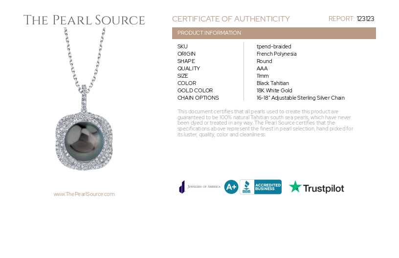 Tahitian South Sea Pearl & Diamond Braided Pendant-Certificate