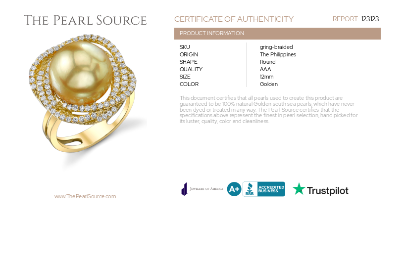 Golden Pearl & Diamond Braided Ring-Certificate