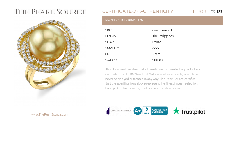 Golden Pearl & Diamond Braided Ring-Certificate