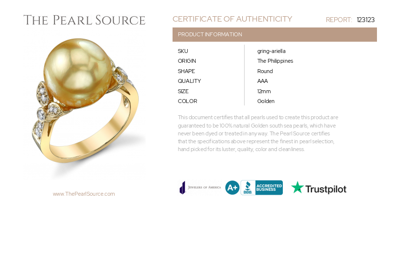 Golden Pearl & Diamond Ariella Ring-Certificate