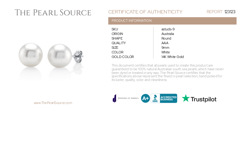 9mm South Sea Round Pearl Stud Earrings-Certificate