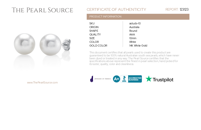 10mm South Sea Round Pearl Stud Earrings-Certificate