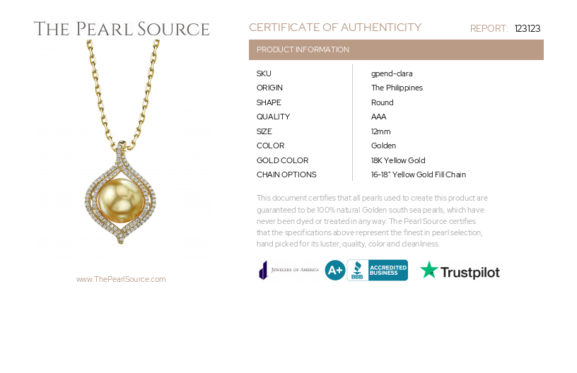 Golden Pearl & Diamond Clara Pendant-Certificate