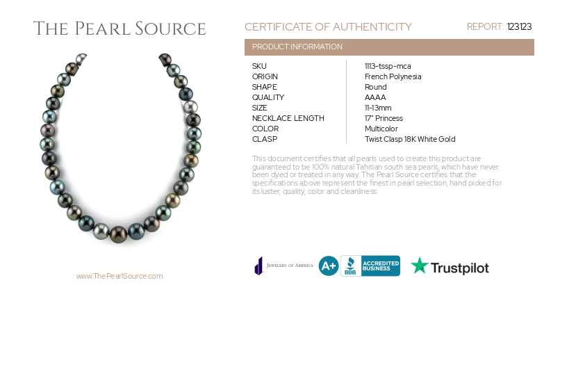 11-13mm Tahitian South Sea Pearl Multicolor Necklace - AAAA Quality-Certificate