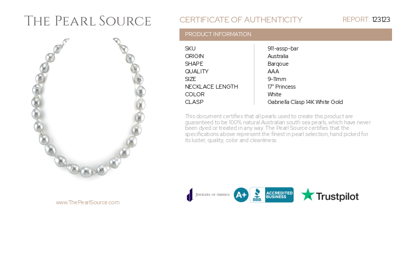 9-11mm White South Sea Baroque Pearl Necklace - AAA Quality-Certificate