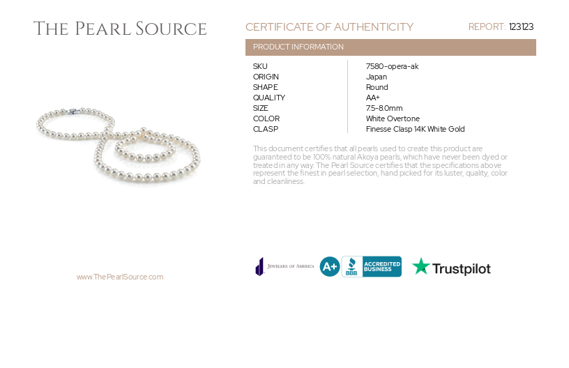 7.5-8.0mm Opera Length Japanese Akoya Pearl Necklace-Certificate