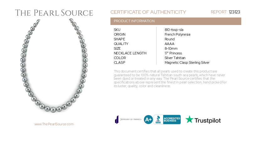 8-10mm Silver Tahitian South Sea Pearl Necklace - AAAA Quality-Certificate