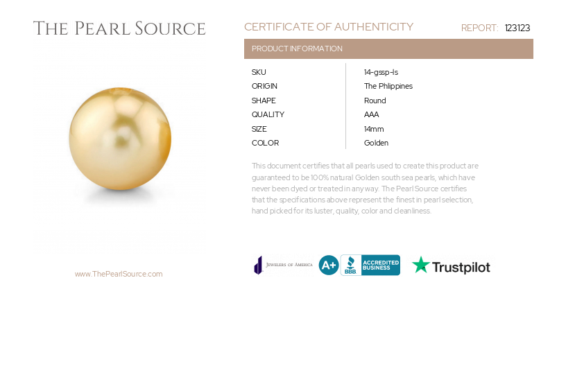 14mm Golden South Sea Loose Pearl-Certificate