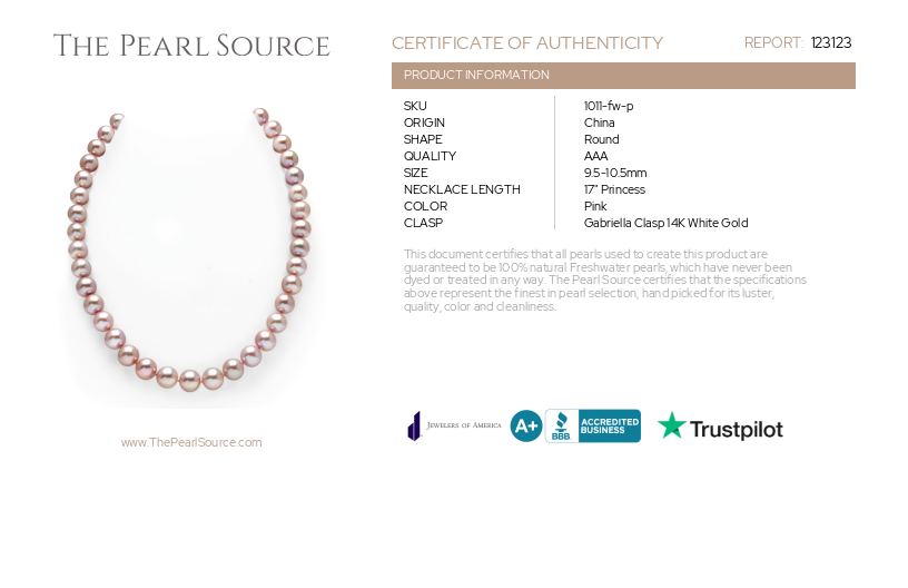 9.5-10.5mm Pink Freshwater Pearl Necklace - AAA Quality-Certificate
