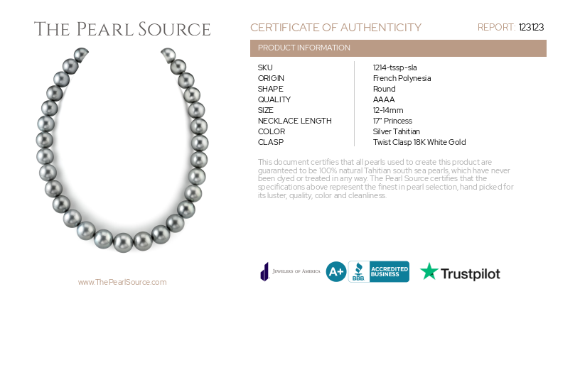 12-14mm Silver Tahitian South Sea Pearl Necklace - AAAA Quality-Certificate
