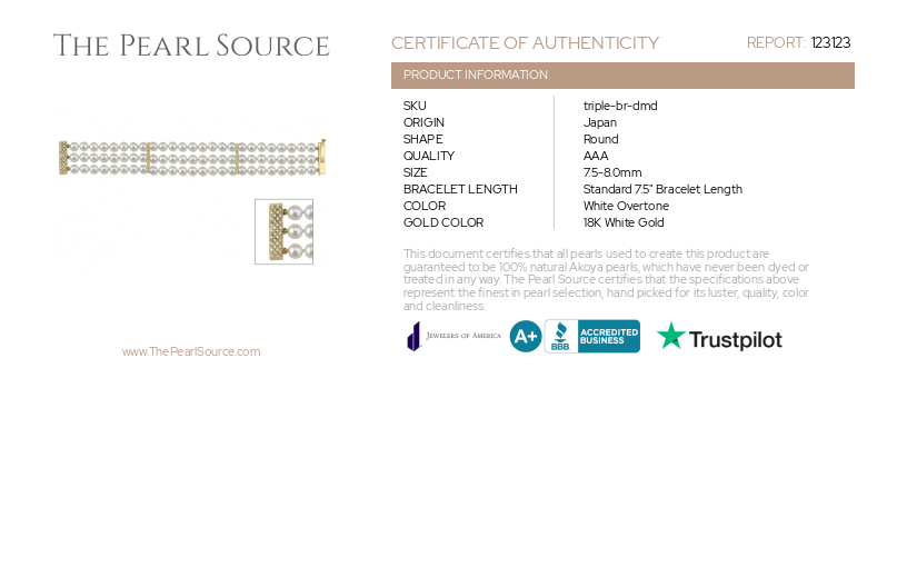 Japanese Akoya Triple Pearl Bracelet with Diamonds-Certificate
