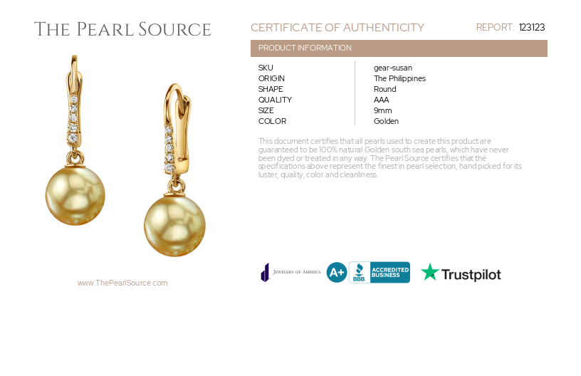 Golden Pearl Susan Earrings-Certificate