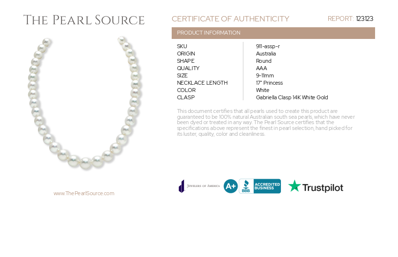 9-11mm White South Sea Pearl Necklace - AAA Quality-Certificate