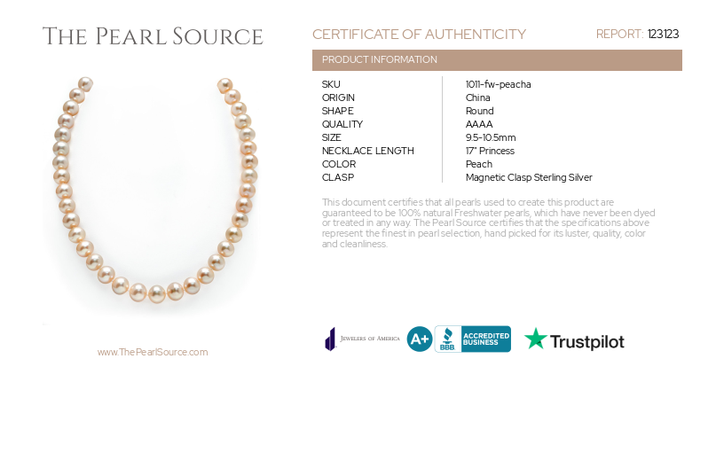 9.5-10.5mm Peach Freshwater Pearl Necklace - AAAA Quality-Certificate