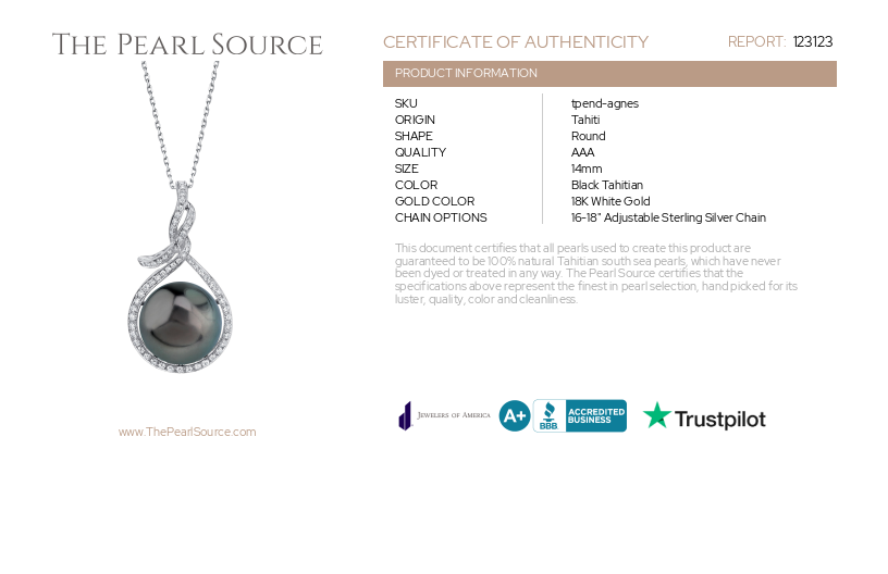 14mm Tahitian South Sea Pearl & Diamond Agnes Pendant-Certificate