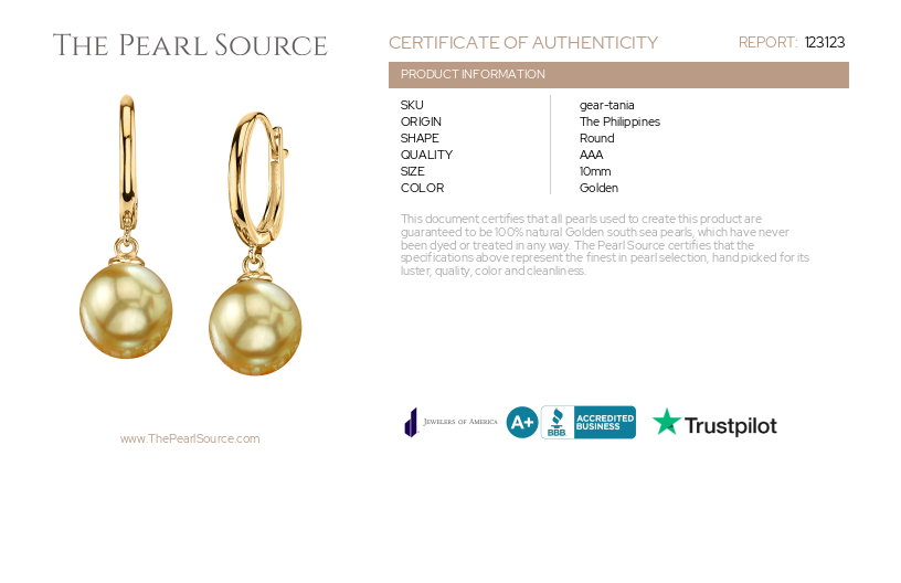 Golden South Sea Pearl Huggie Tania Earrings-Certificate