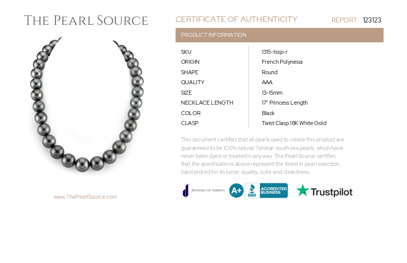 13-15mm Tahitian South Sea Pearl Necklace - AAA Quality-Certificate