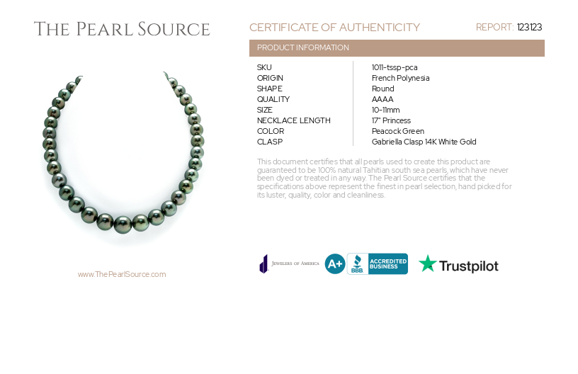 10-11mm Peacock Tahitian South Sea Pearl Necklace - AAAA Quality-Certificate