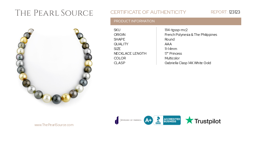 11-14mm Tahitian & Golden South Sea Multicolor Pearl Necklace-Certificate