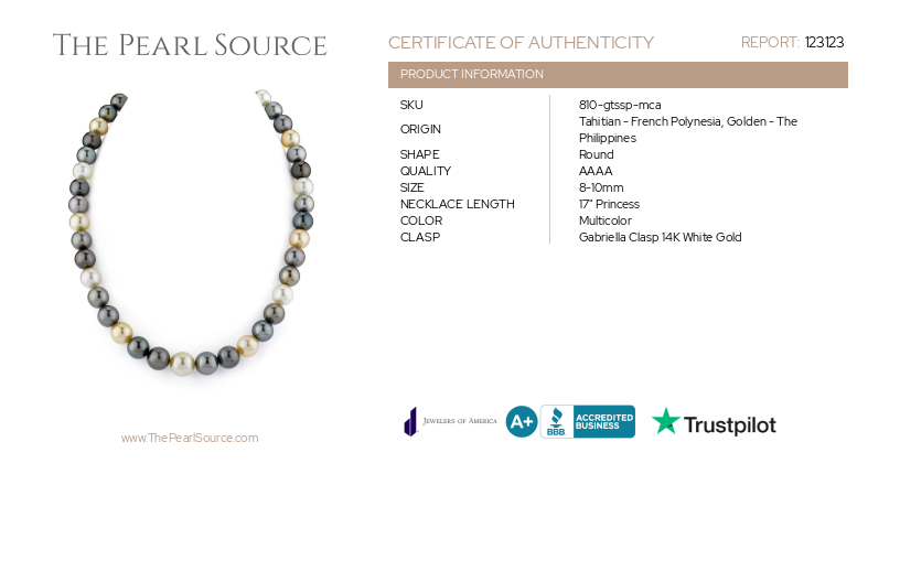 8-10mm Tahitian & Golden South Sea Multicolor Pearl Necklace - AAAA Quality-Certificate