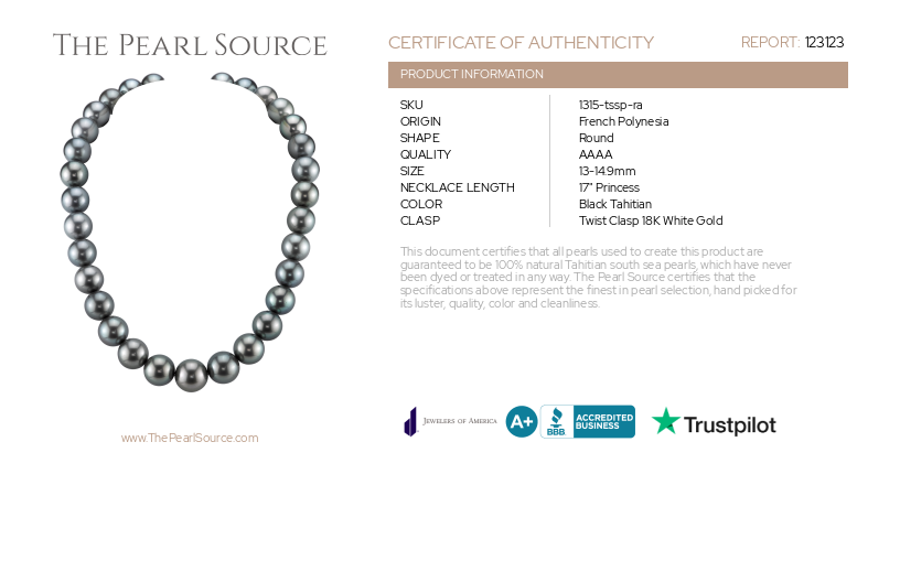 13-14.9mm Tahitian South Sea Pearl Necklace - AAAA Quality-Certificate