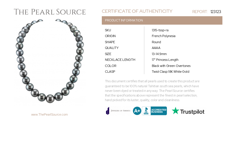 13-14.9mm Tahitian South Sea Pearl Necklace - AAAA Quality-Certificate
