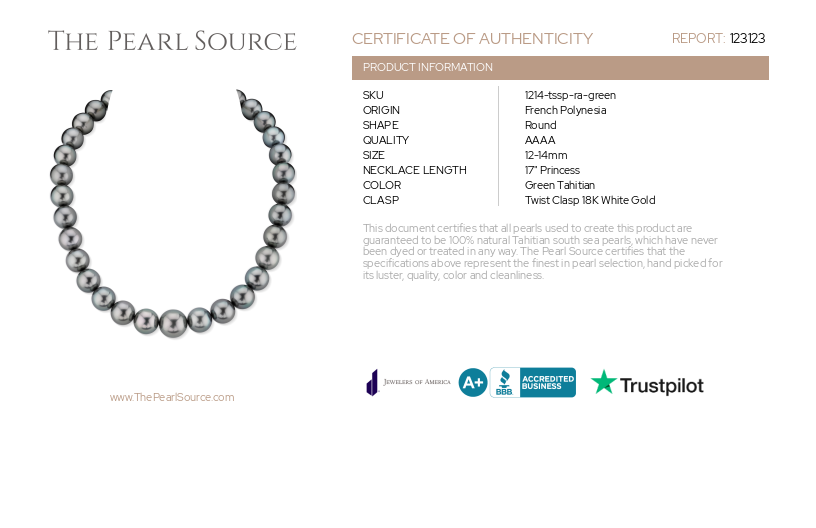 12-14mm Green Tahitian South Sea Pearl Necklace - AAAA Quality-Certificate