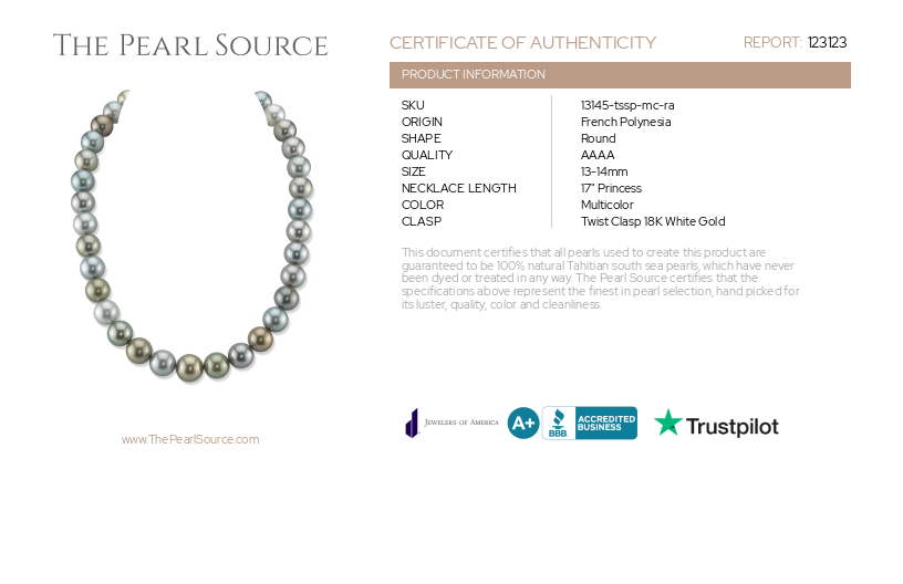 13-14mm Tahitian South Sea Light Multicolor Pearl Necklace - AAAA Quality-Certificate