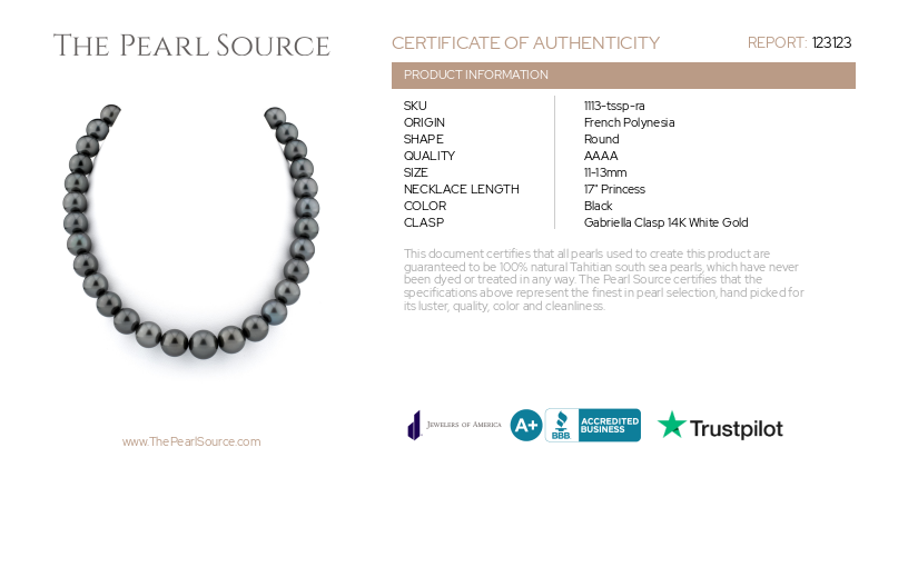 11-13mm Tahitian South Sea Pearl Necklace - AAAA Quality-Certificate