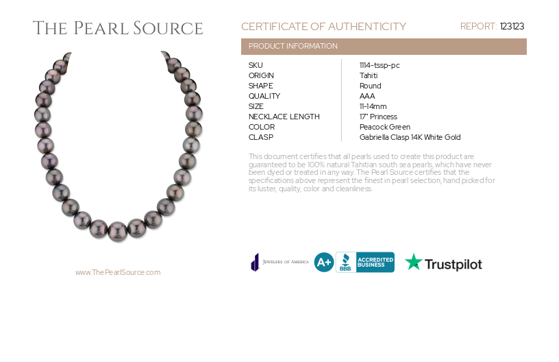 11-14mm Peacock Tahitian South Sea Pearl Necklace - AAA Quality-Certificate