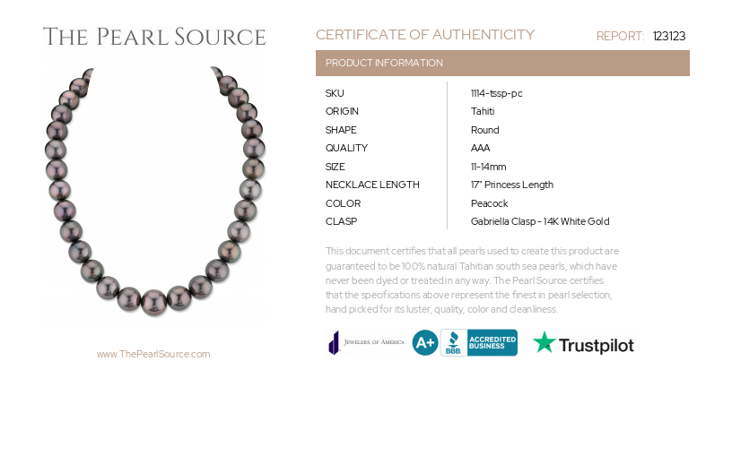11-14mm Peacock Tahitian South Sea Pearl Necklace - AAA Quality-Certificate