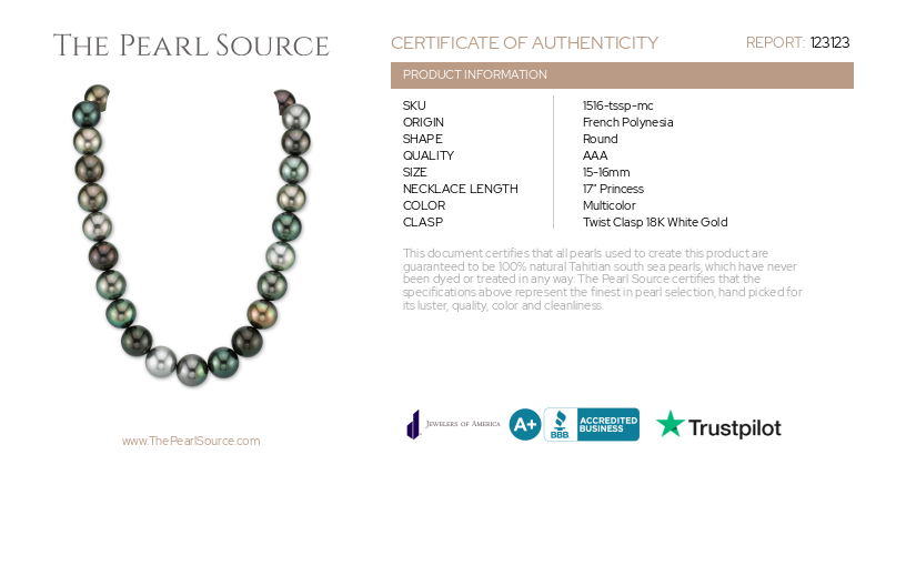 15-16mm Tahitian South Sea Multicolor Pearl Necklace-Certificate