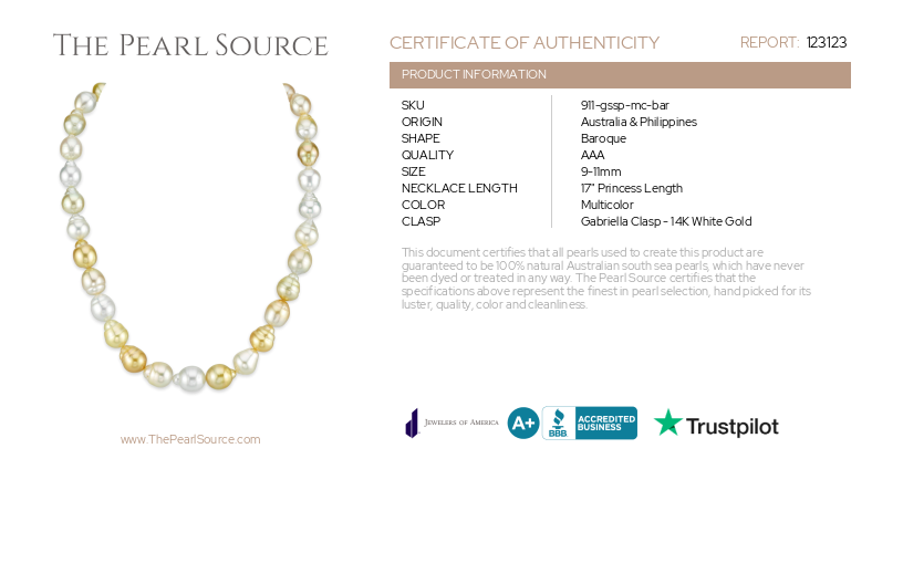 9-11mm South Sea Multicolor Baroque Pearl Necklace-Certificate