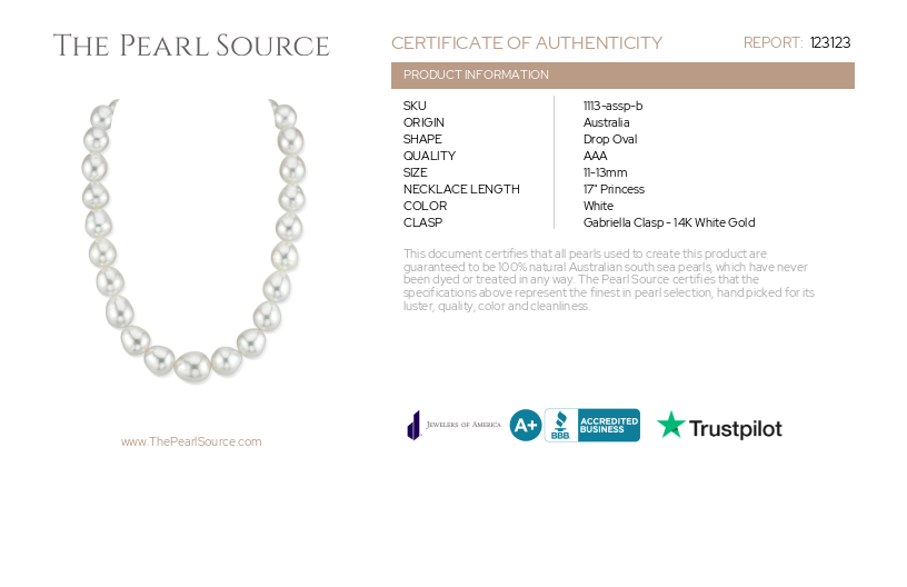 11-13mm White South Sea Drop Oval Pearl Necklace - AAA Quality-Certificate