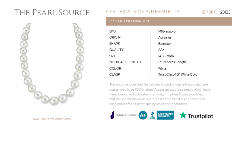 14-18.7mm White South Sea Baroque Pearl Necklace-Certificate