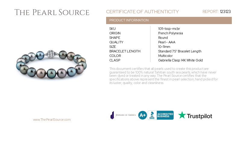 10-11mm Tahitian South Sea Multicolor Pearl Bracelet-Certificate