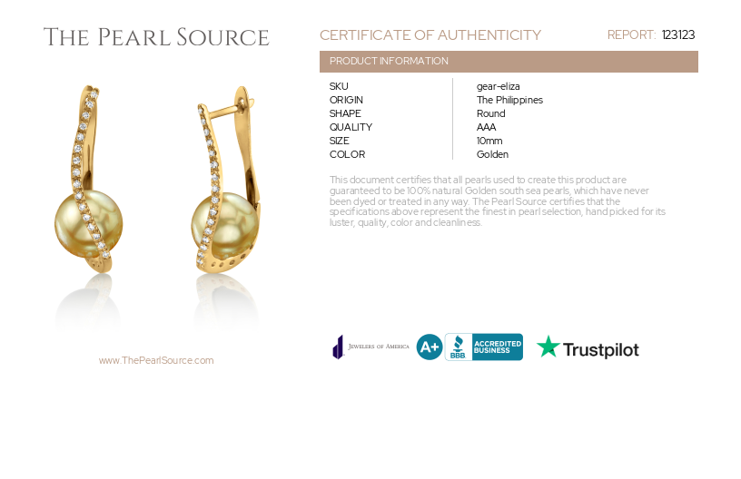 Golden South Sea Pearl & Diamond Eliza Earrings-Certificate