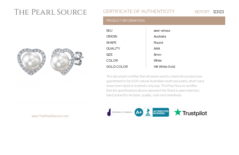 White South Sea Pearl & Diamond Heart Amour Earrings-Certificate