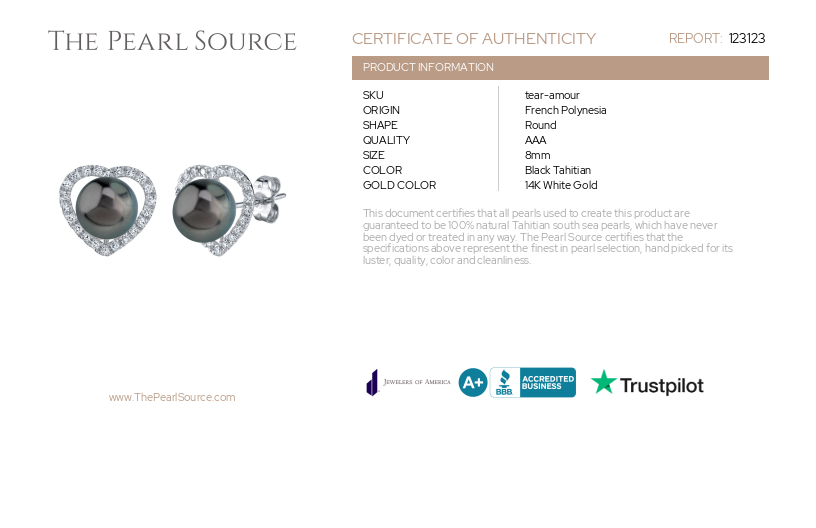 Tahitian South Sea Pearl & Diamond Heart Amour Earrings-Certificate