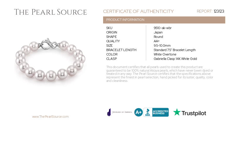 9.5-10mm Akoya White Pearl Bracelet-Certificate