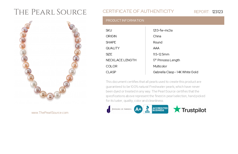 11.5-12.5mm Freshwater Multicolor Pearl Necklace - AAA Quality-Certificate