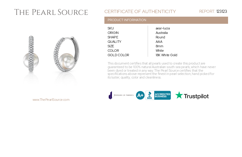 White South Sea Pearl Hoop Lucia Earrings-Certificate